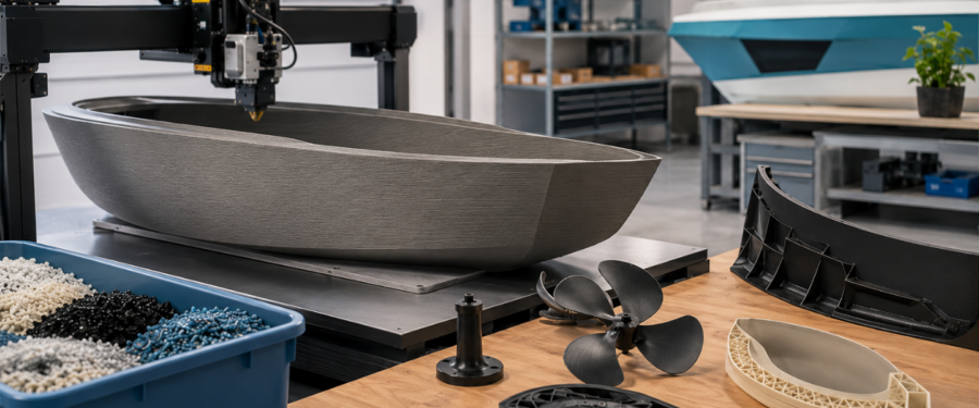 Impressora 3D fabricant components d’una embarcació en un taller tecnològic, amb peces nàutiques i materials reciclables vinculats a la innovació i sostenibilitat del sector nàutic.